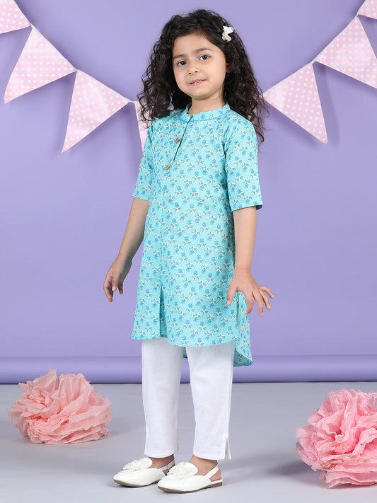 Light Blue Floral Kurti and white pant