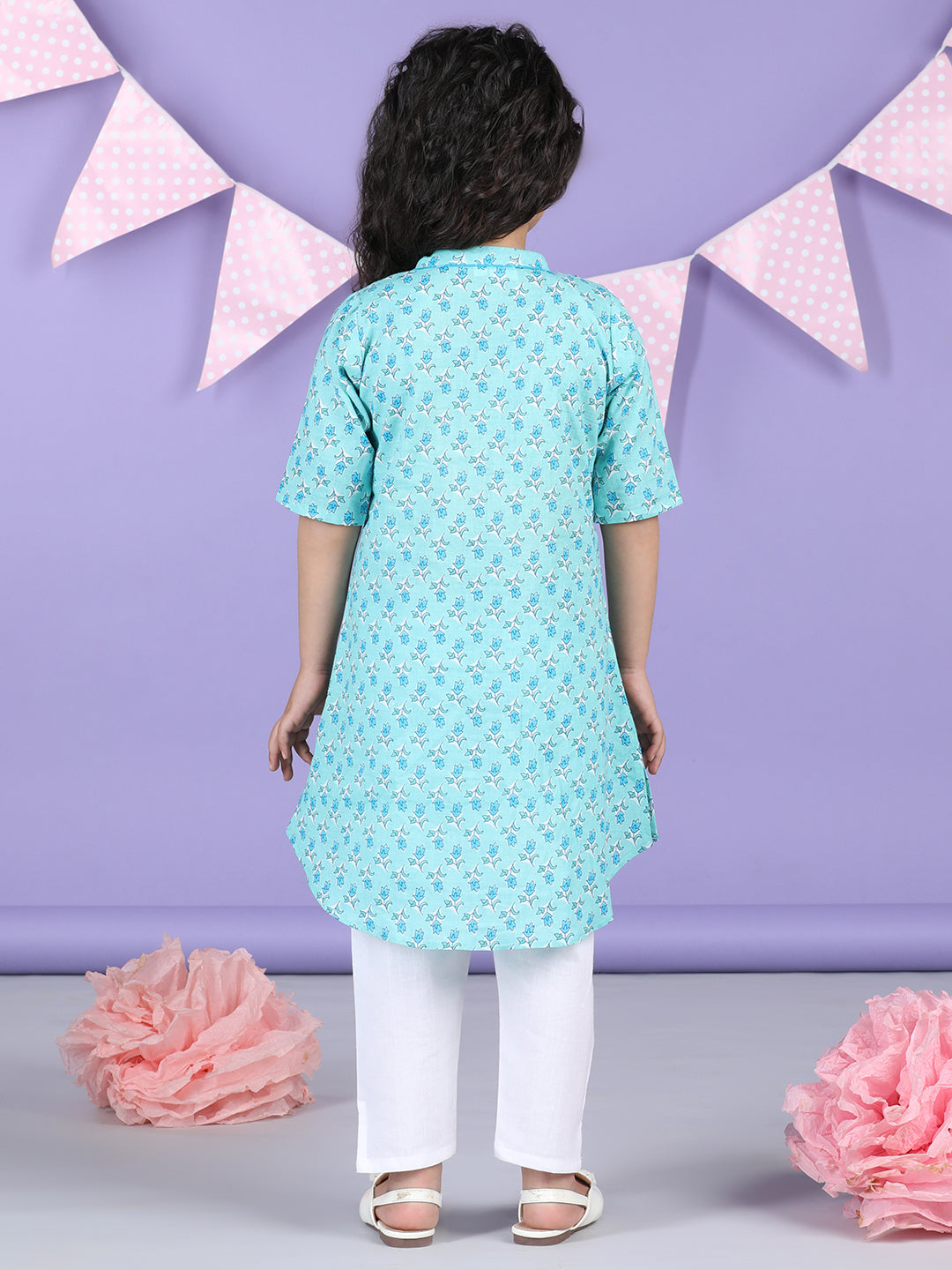 Light Blue Floral Kurti and white pant