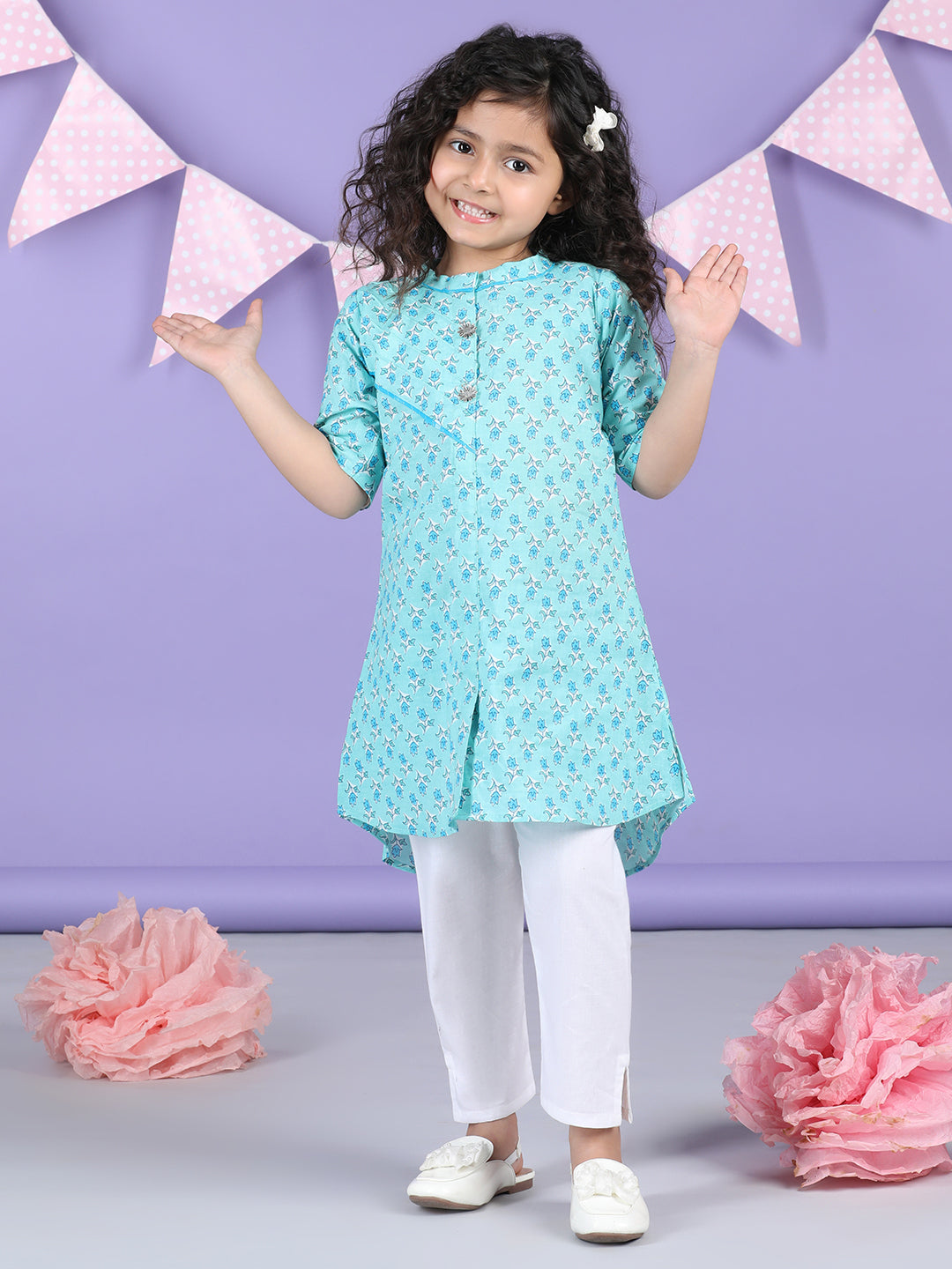 Light Blue Floral Kurti and white pant
