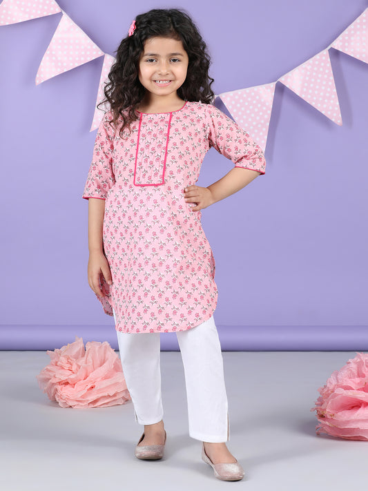 Pink Floral Kurti and white pant