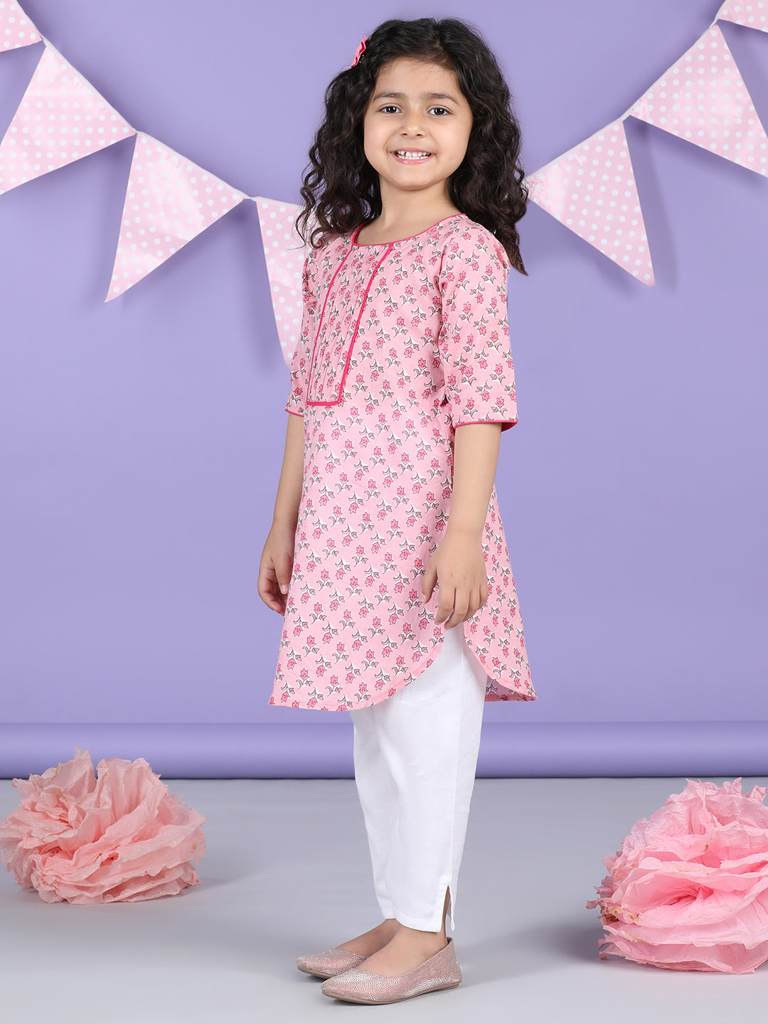Pink Floral Kurti and white pant