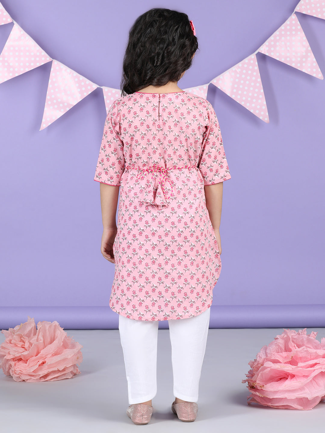 Pink Floral Kurti and white pant