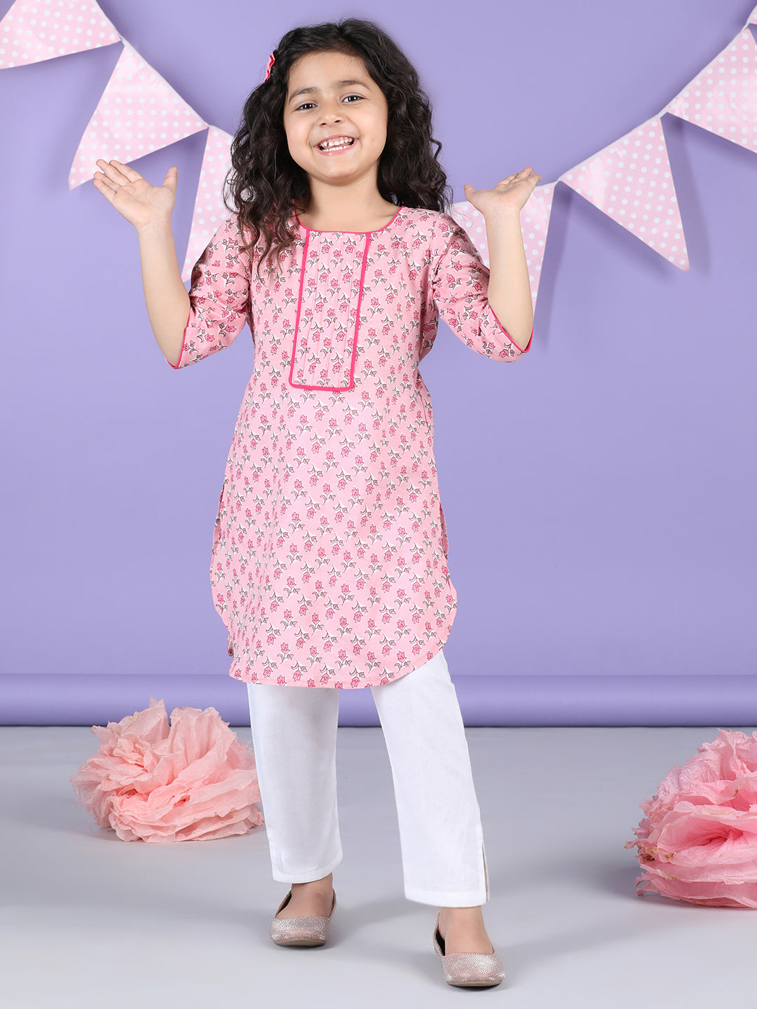 Pink Floral Kurti and white pant
