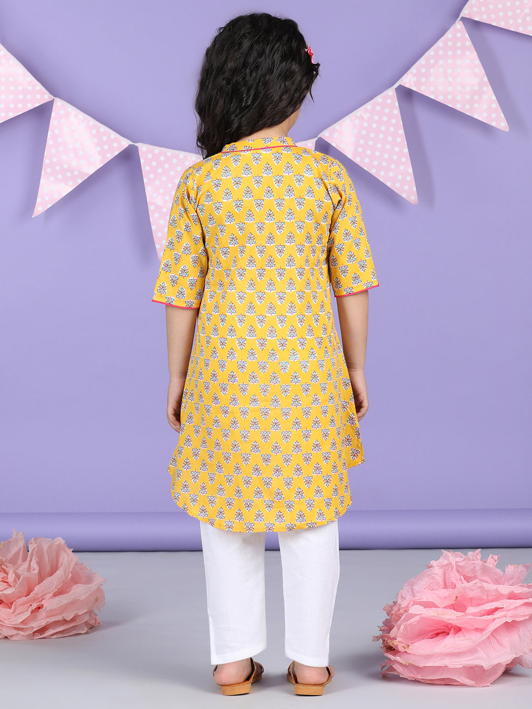 Yellow Floral Kurti and white pant