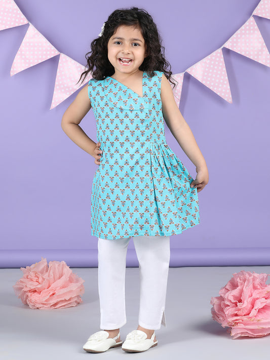 Blue Floral collar style Kurti with white pant