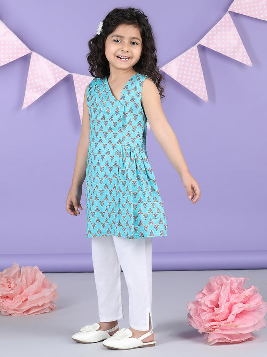 Blue Floral collar style Kurti with white pant