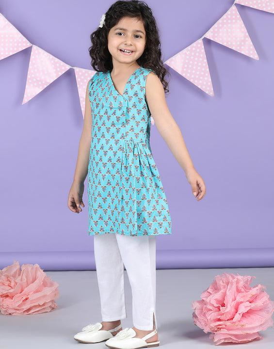 Blue Floral collar style Kurti with white pant