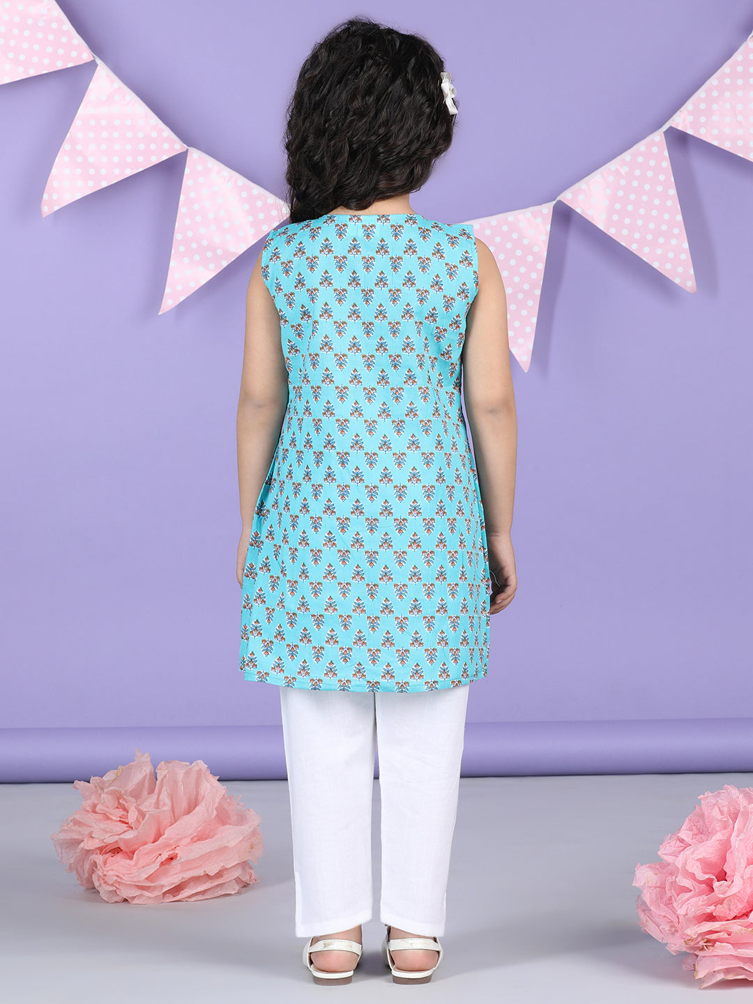 Blue Floral collar style Kurti with white pant