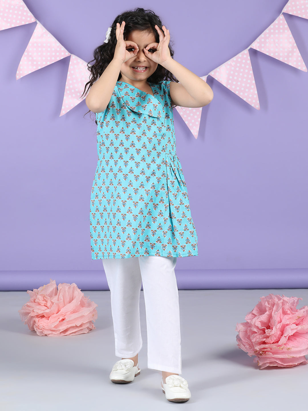 Blue Floral collar style Kurti with white pant