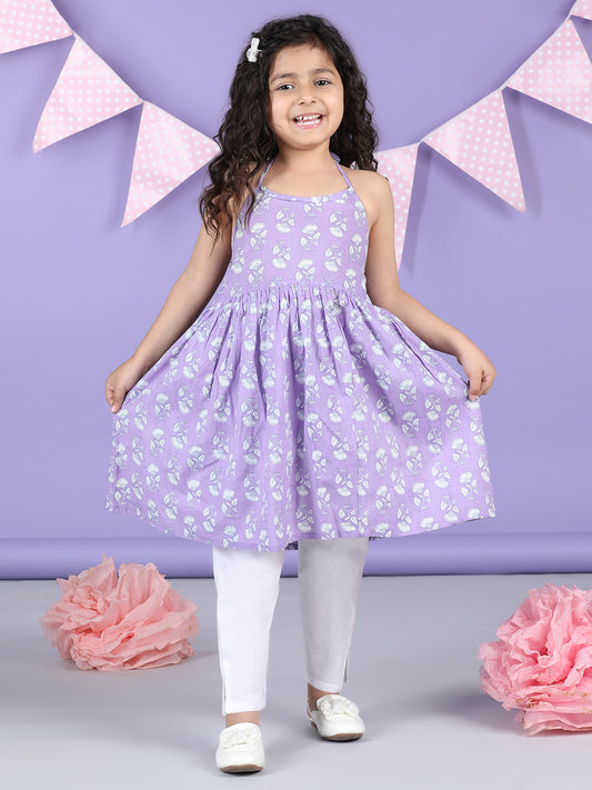 Purple Floral halter style Kurti with white pant