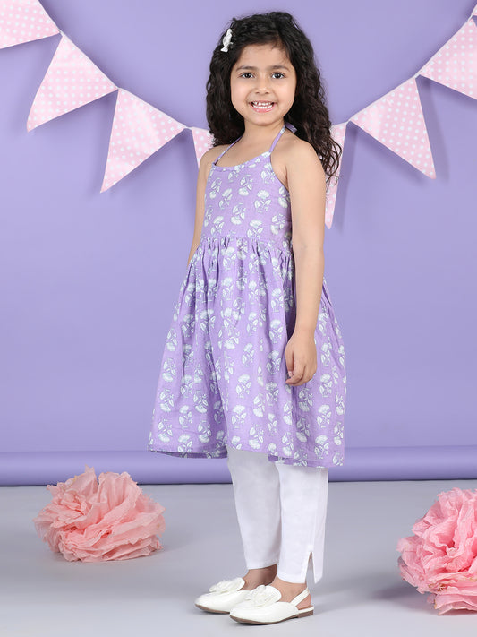 Purple Floral halter style Kurti with white pant