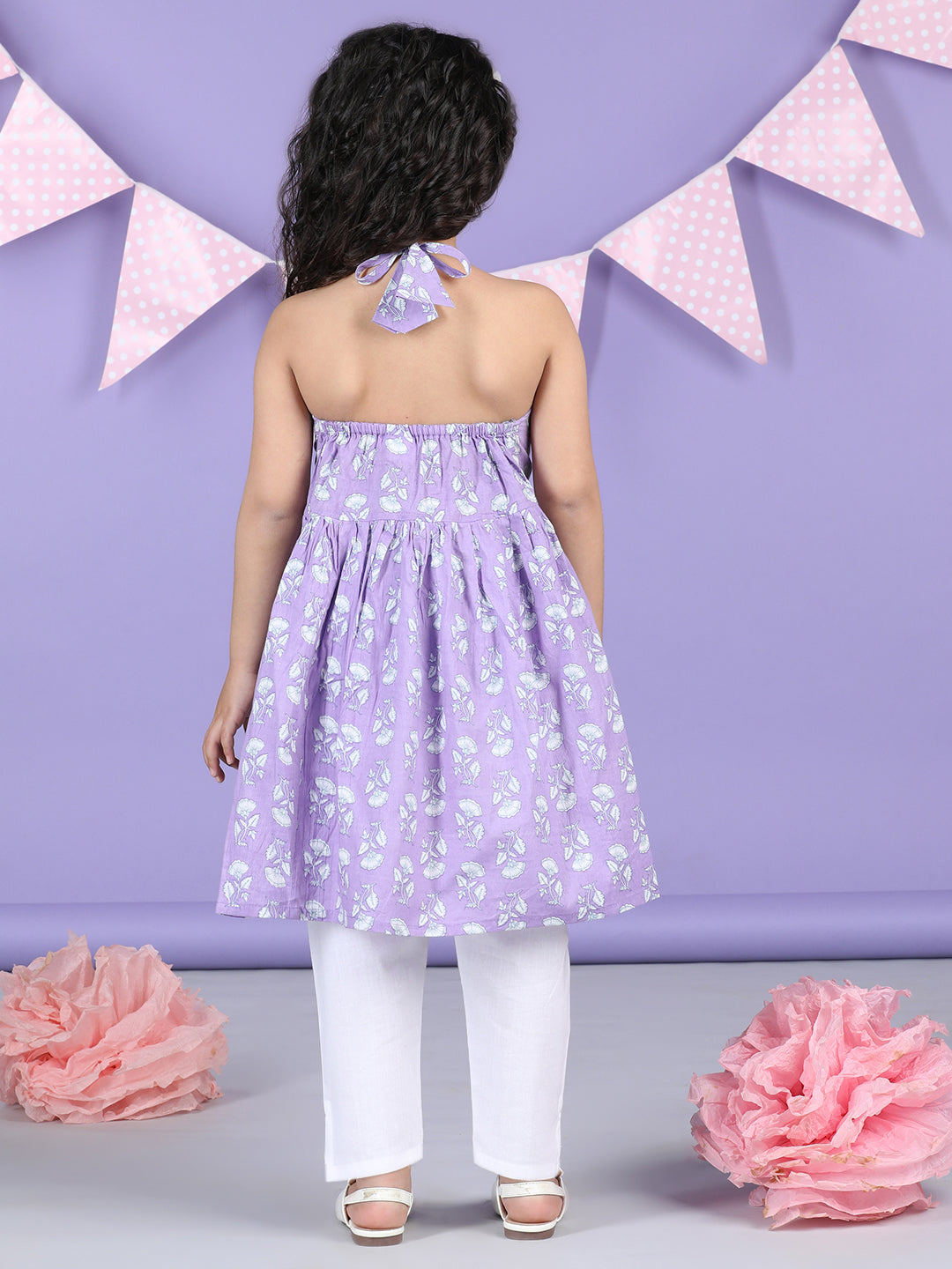 Purple Floral halter style Kurti with white pant