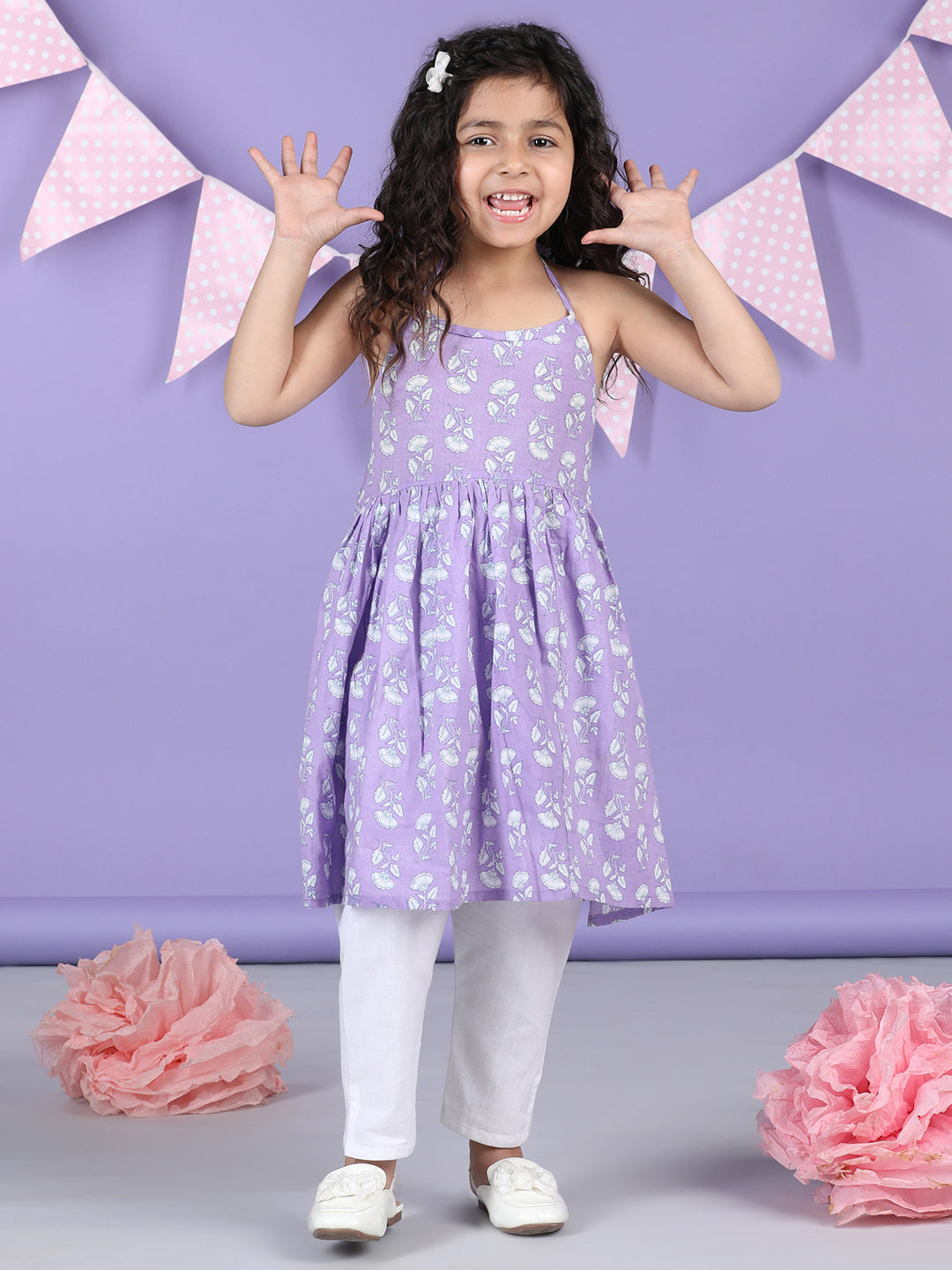 Purple Floral halter style Kurti with white pant