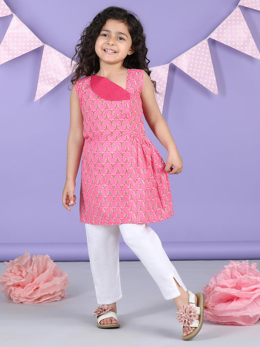Pink Floral collar style Kurti with white plazo