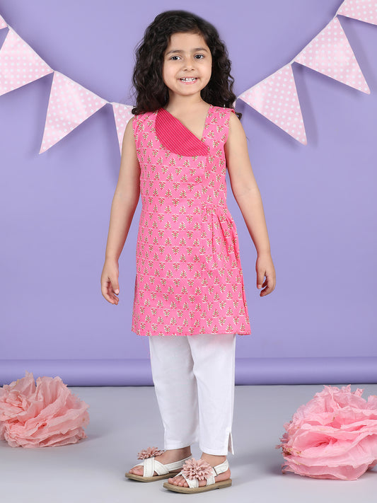 Pink Floral collar style Kurti with white plazo