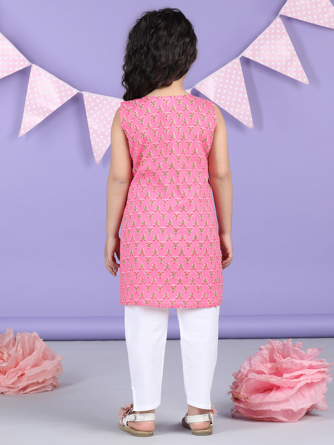 Pink Floral collar style Kurti with white plazo