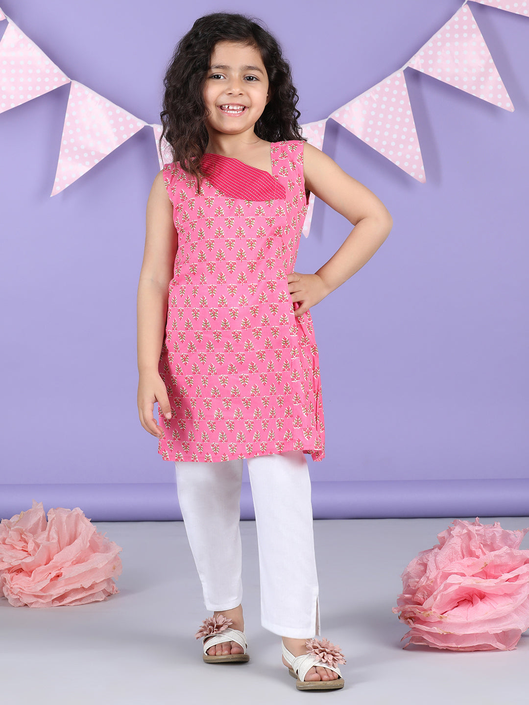 Pink Floral collar style Kurti with white plazo