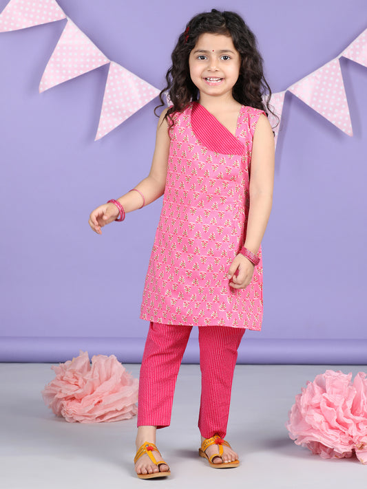 Pink Floral collar style Kurti with Pink plazo