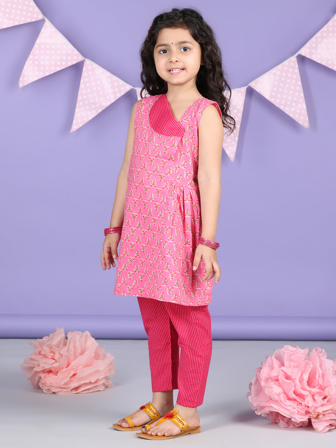 Pink Floral collar style Kurti with Pink plazo