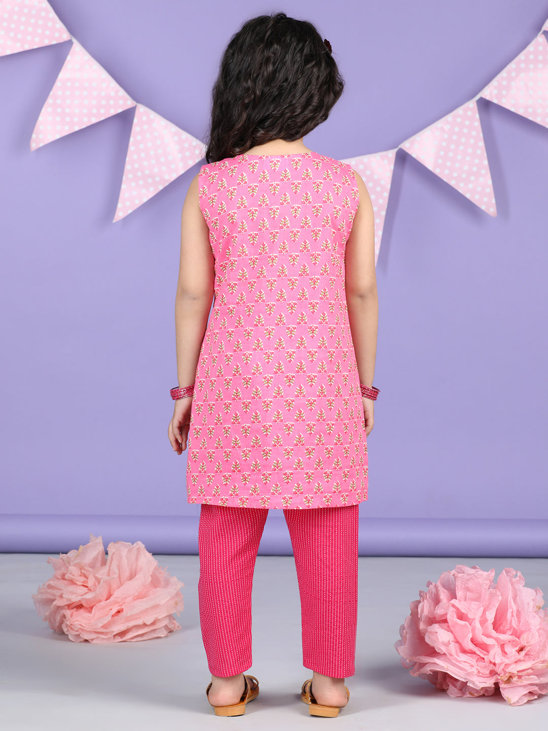 Pink Floral collar style Kurti with Pink plazo