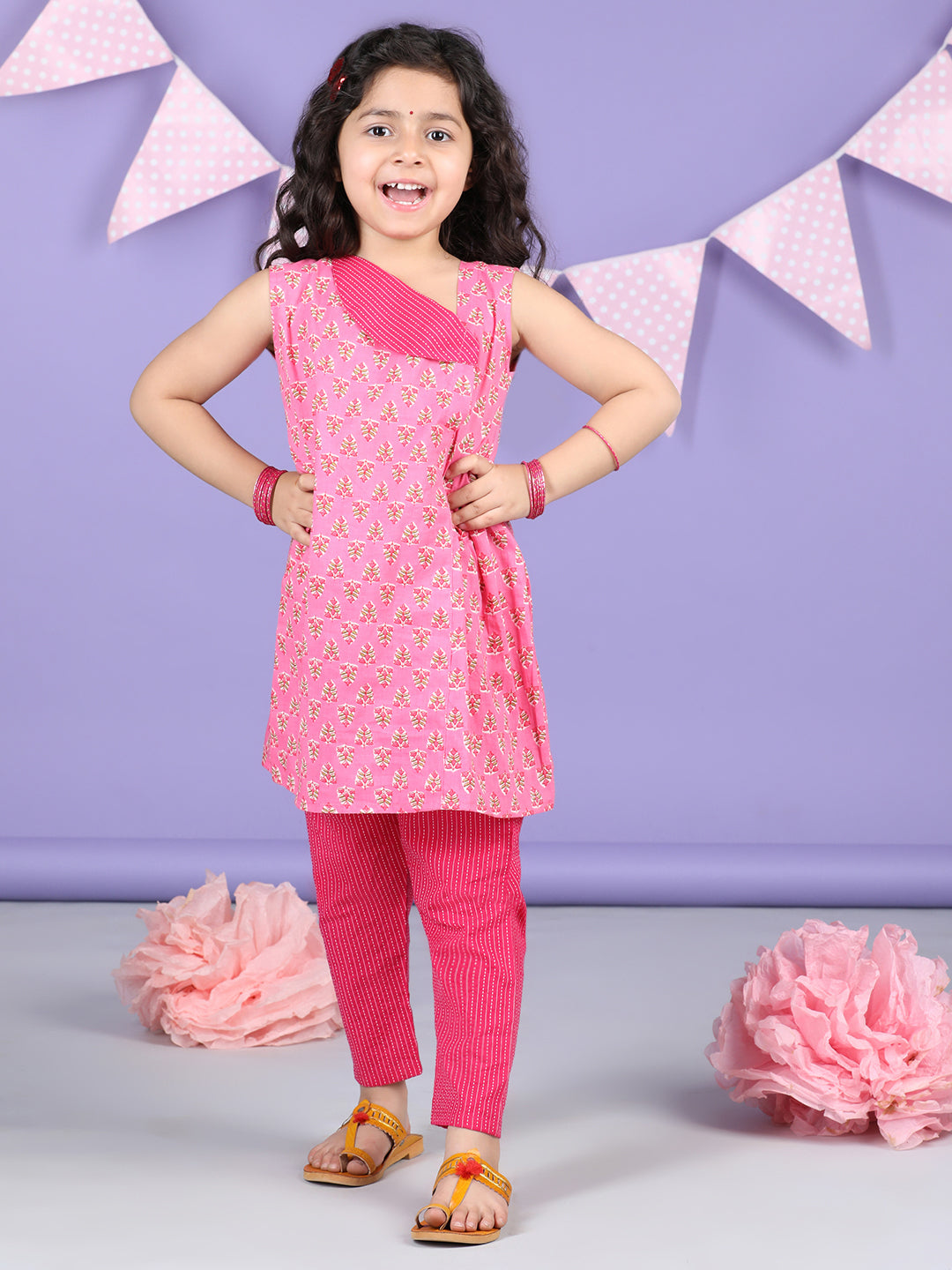 Pink Floral collar style Kurti with Pink plazo