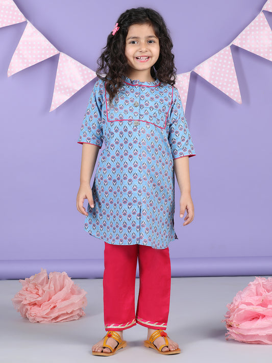 Blue Floral Printed Kurti with pink plazo