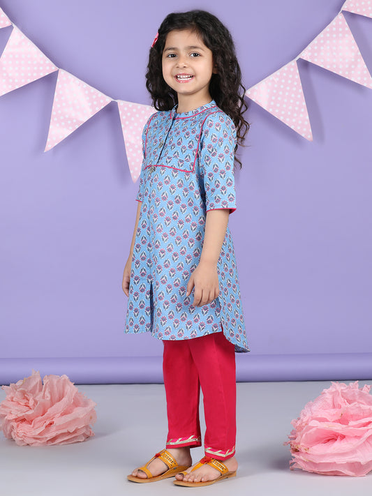 Blue Floral Printed Kurti with pink plazo