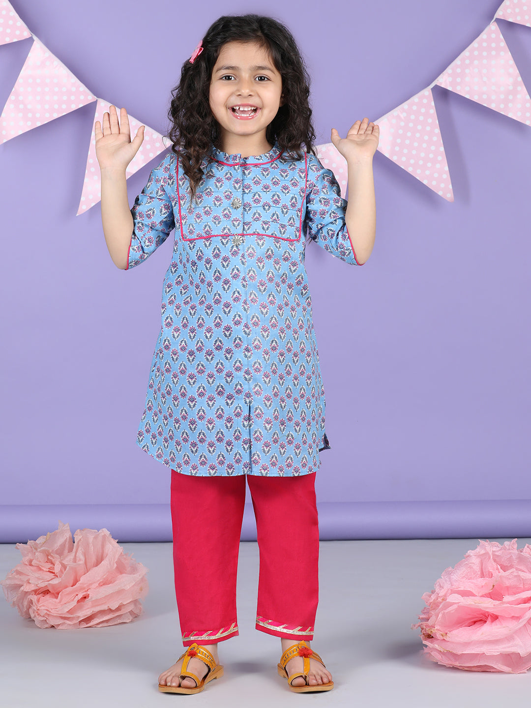 Blue Floral Printed Kurti with pink plazo