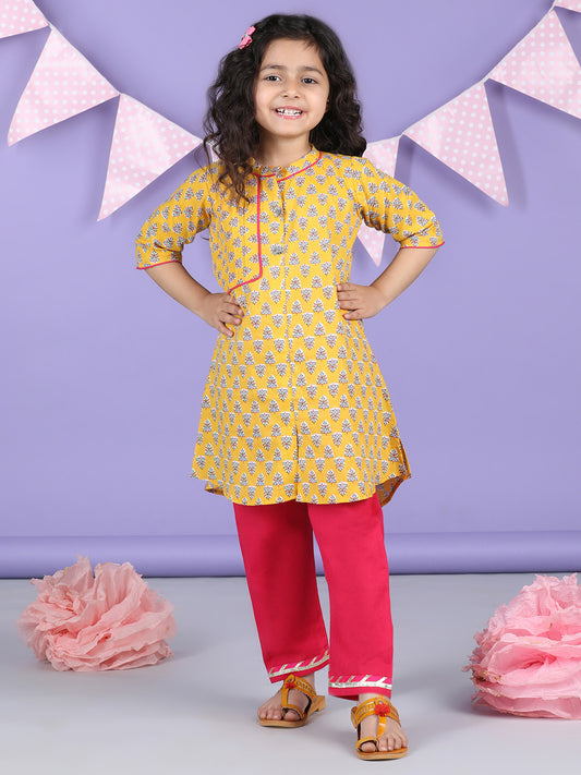 Yellow Floral Printed Kurti with pink plazo