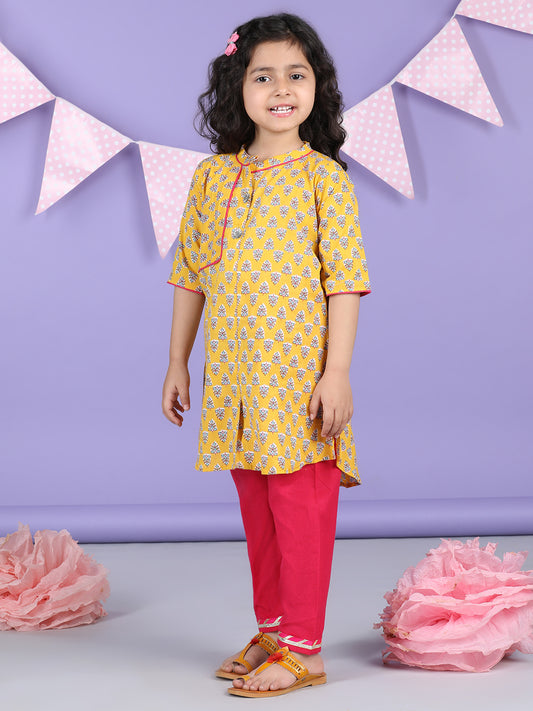 Yellow Floral Printed Kurti with pink plazo