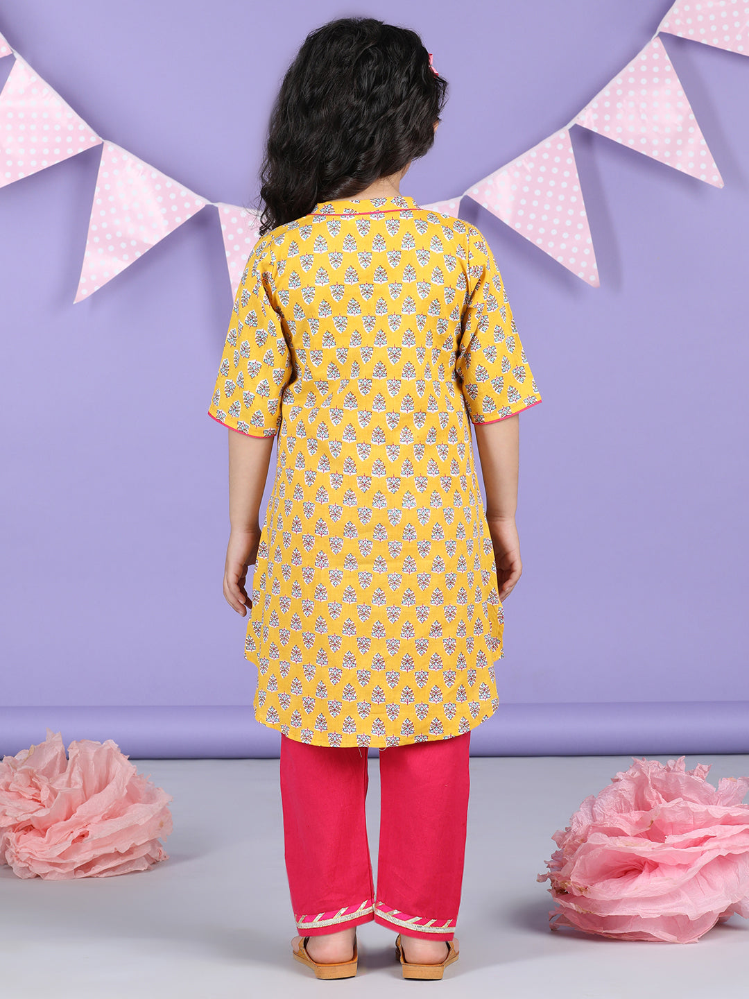 Yellow Floral Printed Kurti with pink plazo