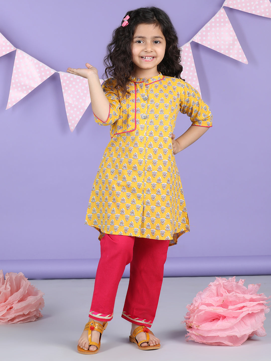 Yellow Floral Printed Kurti with pink plazo