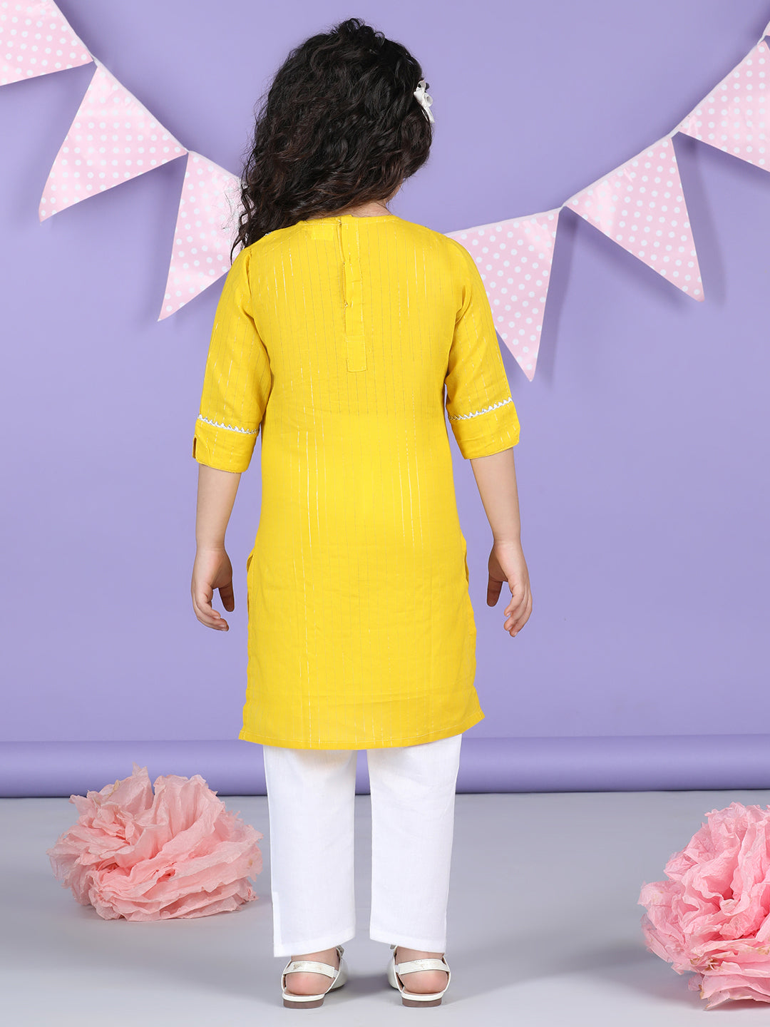 Yellow Lurex Embroidered Kurti with white plazo