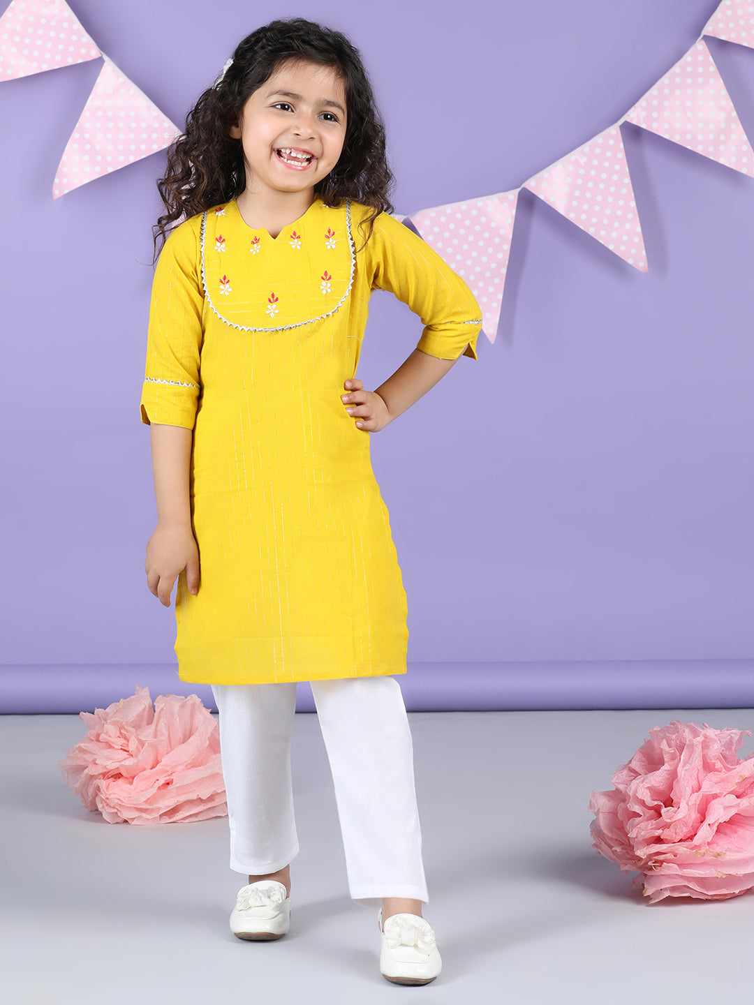 Yellow Lurex Embroidered Kurti with white plazo