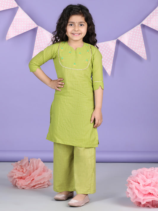 Green Lurex Embroidered Kurti with green plazo
