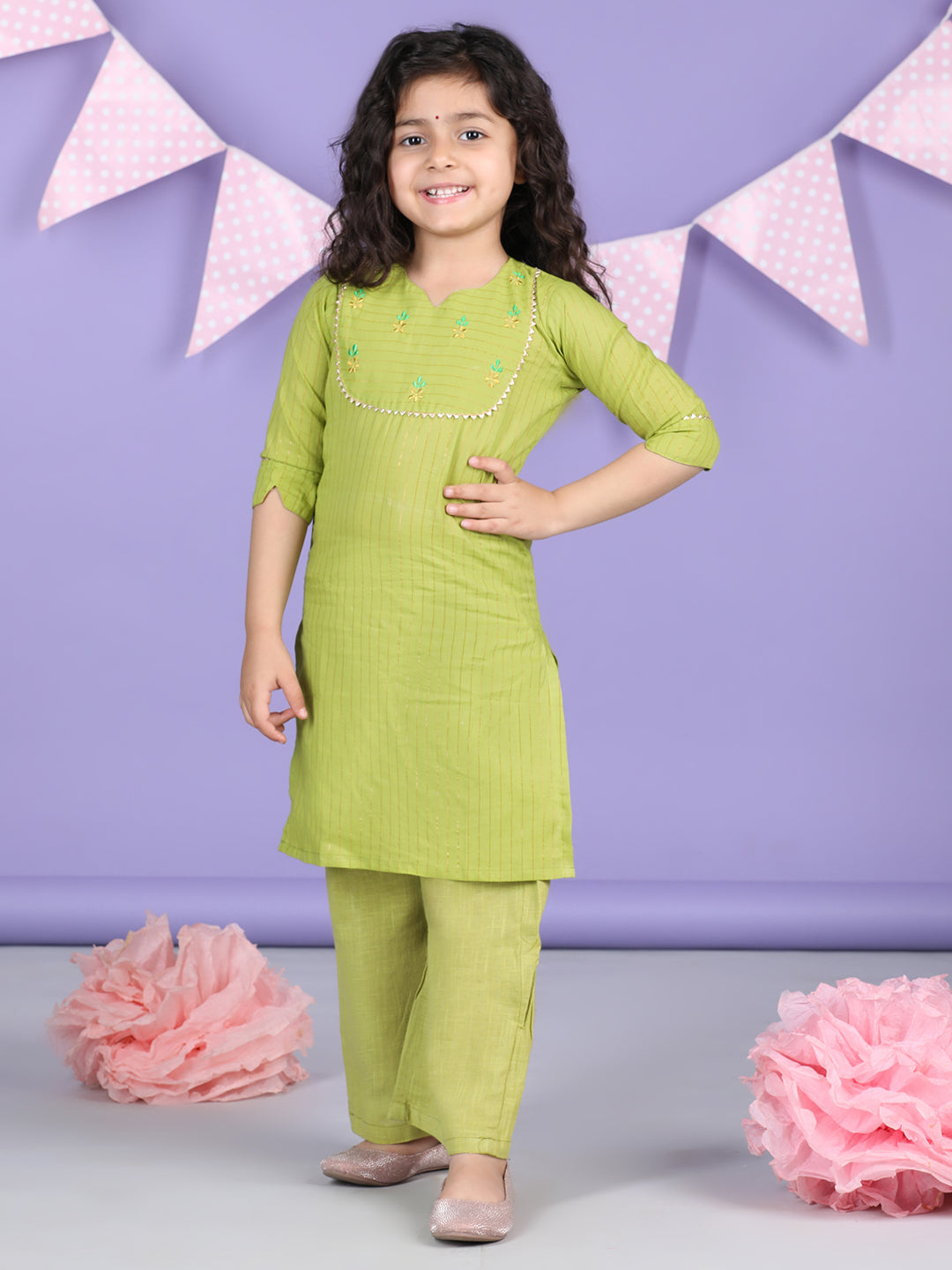 Green Lurex Embroidered Kurti with green plazo