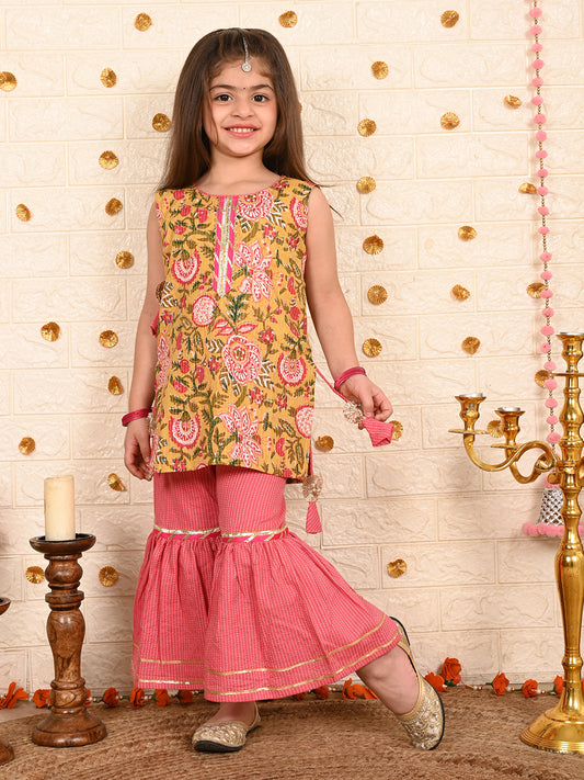 Yellow floral printed kurti with peach sharara