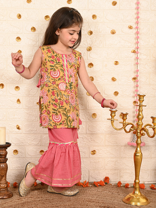 Yellow floral printed kurti with peach sharara