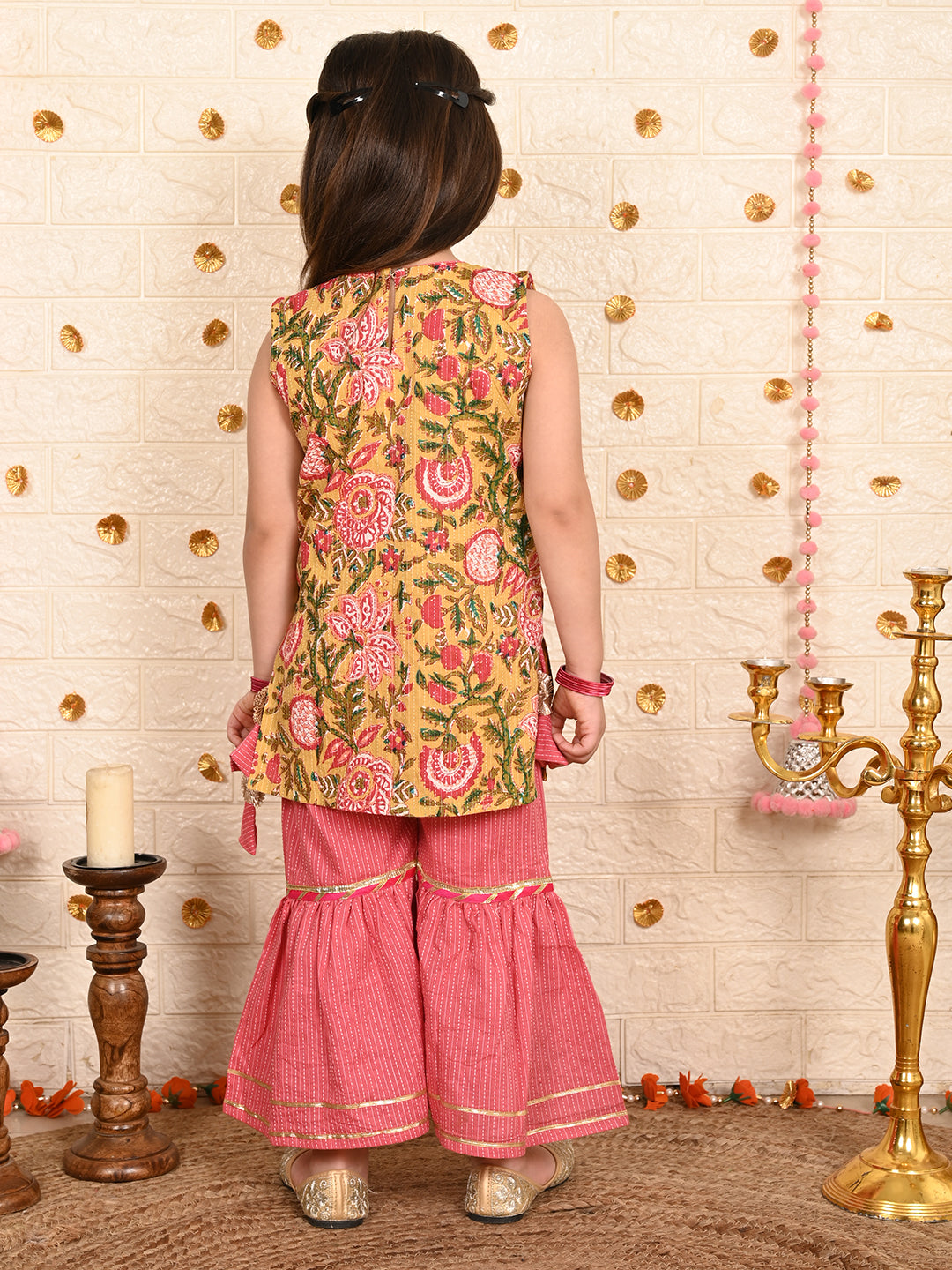Yellow floral printed kurti with peach sharara