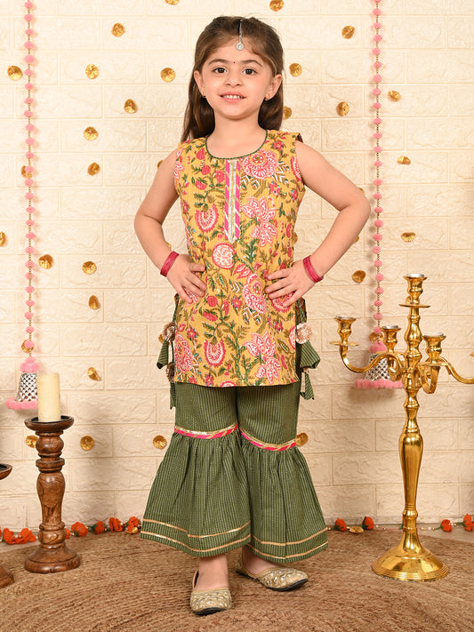 Yellow floral kurti with green sharara