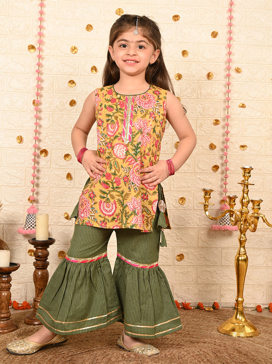 Yellow floral kurti with green sharara