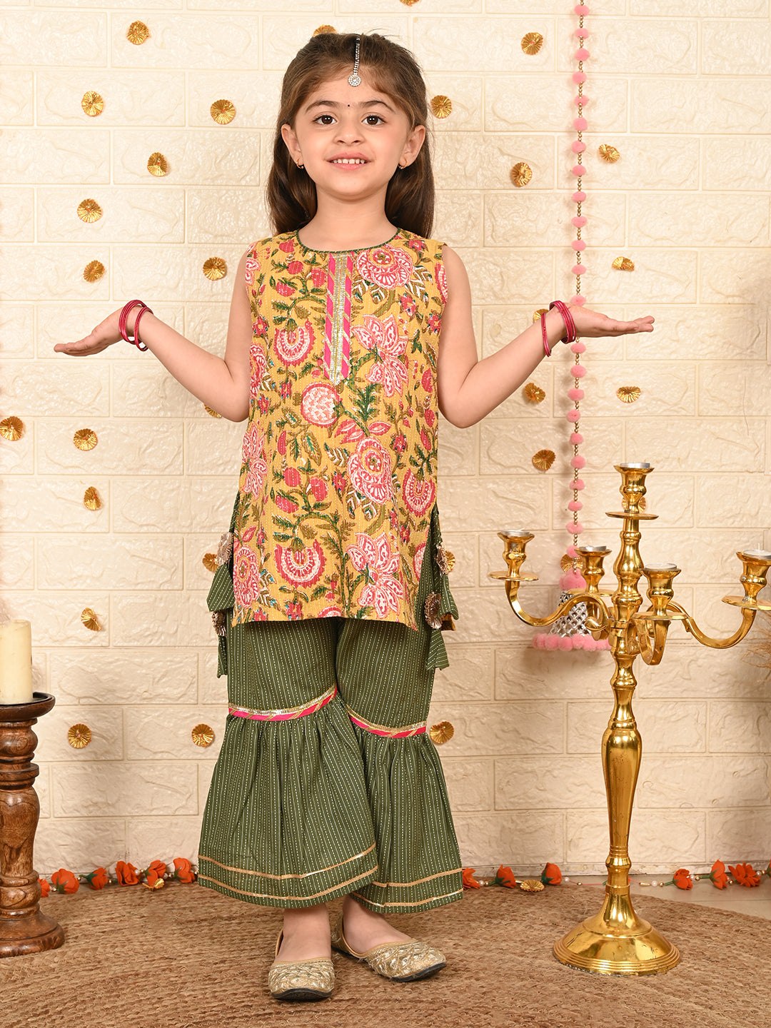Yellow floral kurti with green sharara