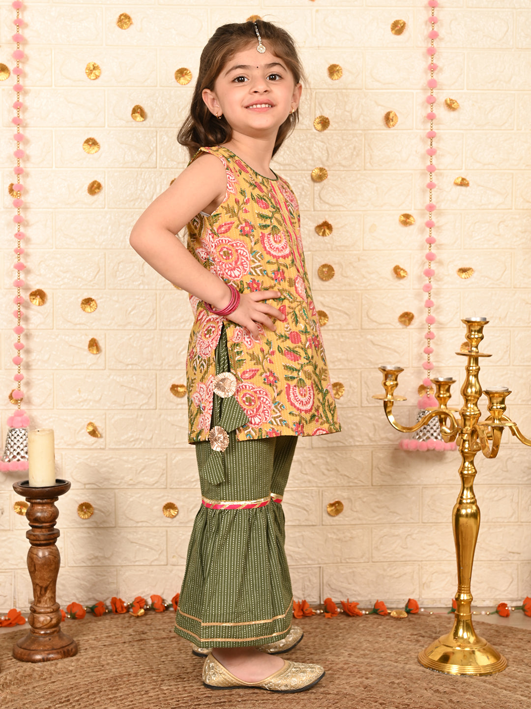 Yellow floral kurti with green sharara