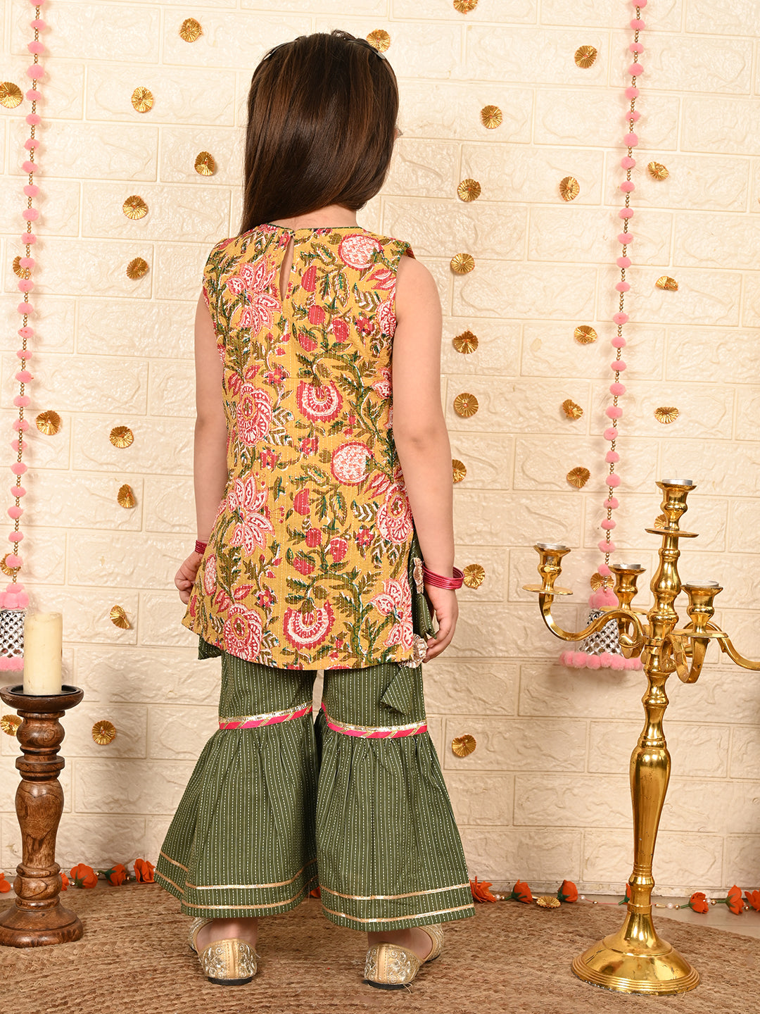 Yellow floral kurti with green sharara