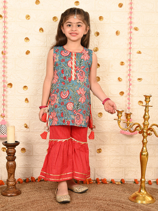Blue floral kurti with red sharara