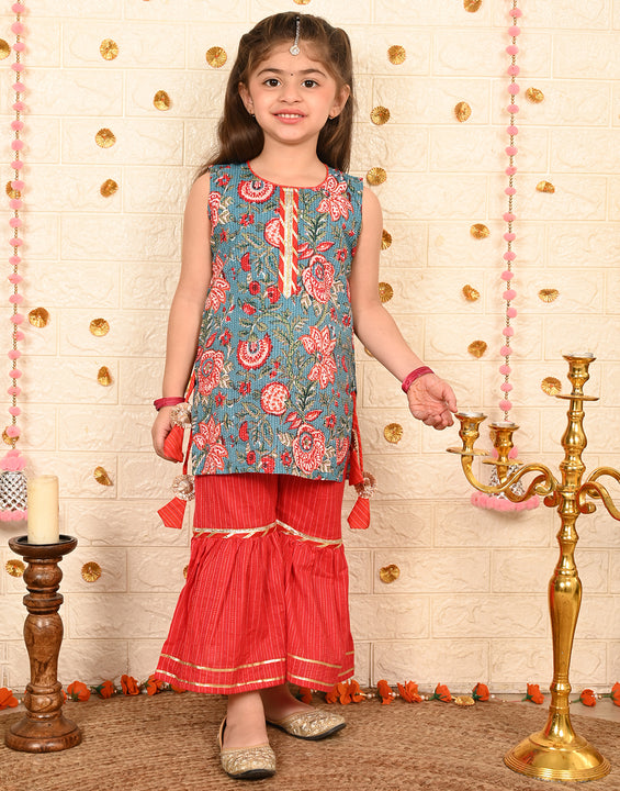 Blue floral kurti with red sharara