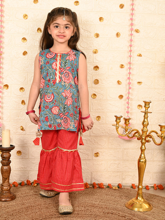 Blue floral kurti with red sharara