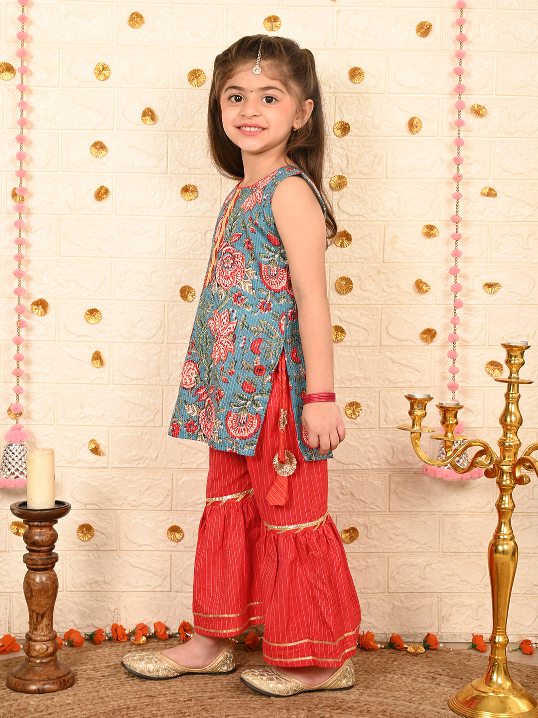 Blue floral kurti with red sharara