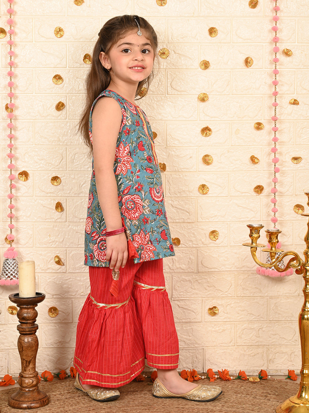 Blue floral kurti with red sharara