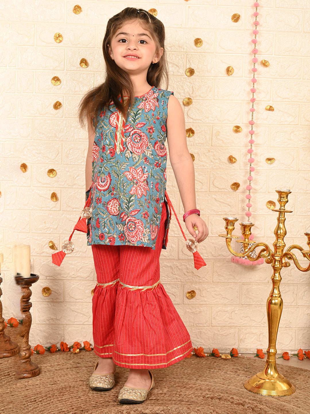 Blue floral kurti with red sharara